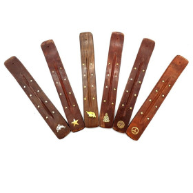 Porte-encens en bois artisanal &ndash; Support pour b&acirc;tons d'encens avec incrustations en laiton