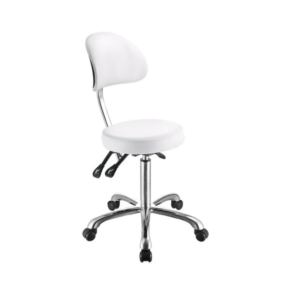 Tabouret Professionnel COMFORT Blanc – Assise Ronde Ergonomique avec Dossier Réglable